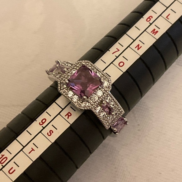 Created Pink Sapphire Princess Halo Ring Size 8 Silvertone Band - Picture 6 of 11